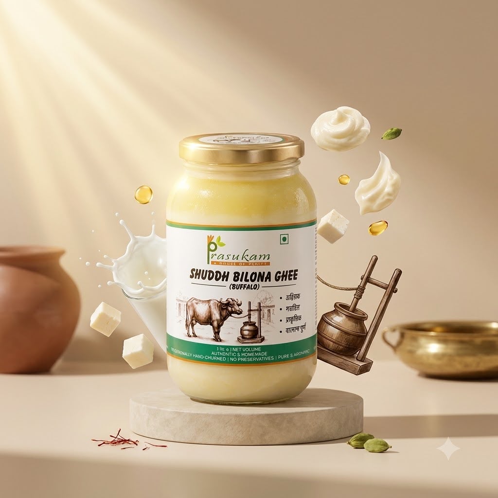 Prasukam Shuddh Buffalo Bilona Ghee (Maryadit) – 1 Litre | Hand-Churned | No Preservatives