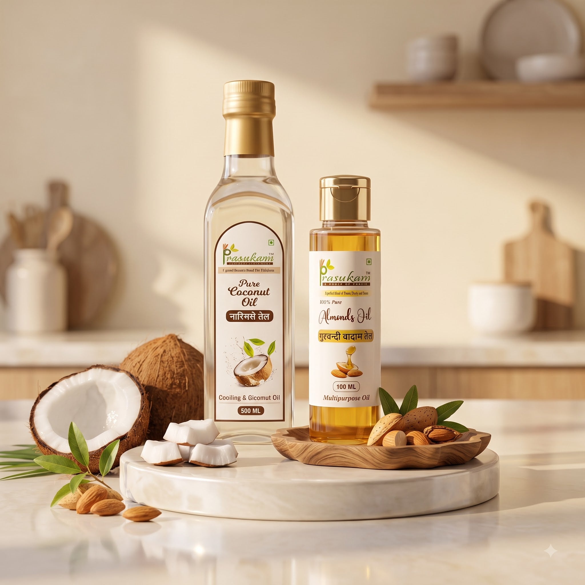 Prasukam Beauty & Wellness Duo | Pure Coconut Oil 500ml + Gurbandi Almond Oil 100ml