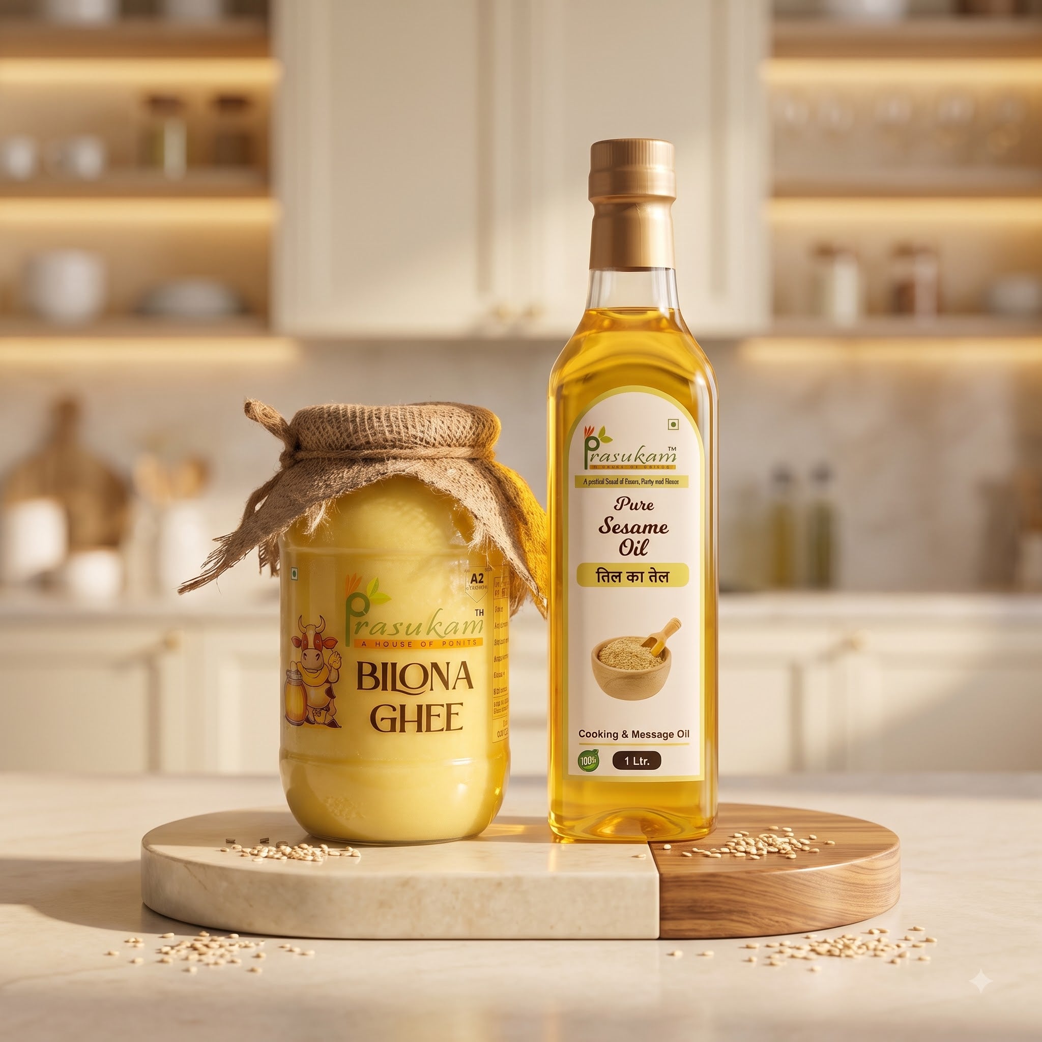 Prasukam Sahiwal Ghee + Sesame Oil Duo | Sahiwal Cow Bilona Ghee 1L + White Sesame Oil 1L