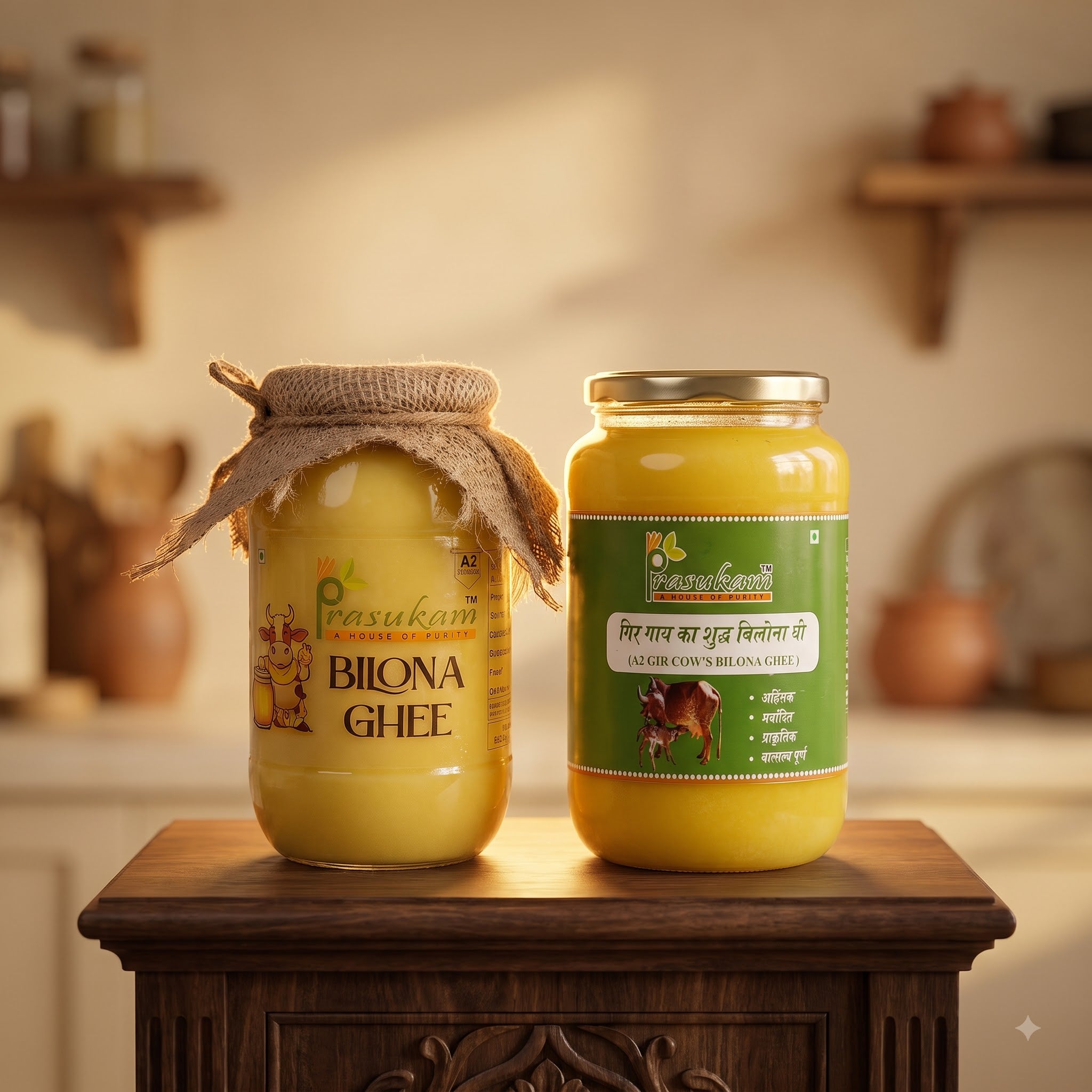 Prasukam Premium Bilona Duo | Sahiwal Cow Bilona Ghee 1L + A2 Gir Cow Bilona Ghee 1L