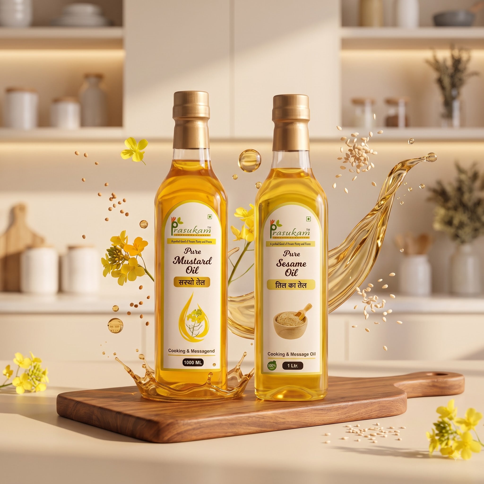 Prasukam Mustard + Sesame Kitchen Duo | Pure Mustard Oil 1L + White Sesame Oil 1L