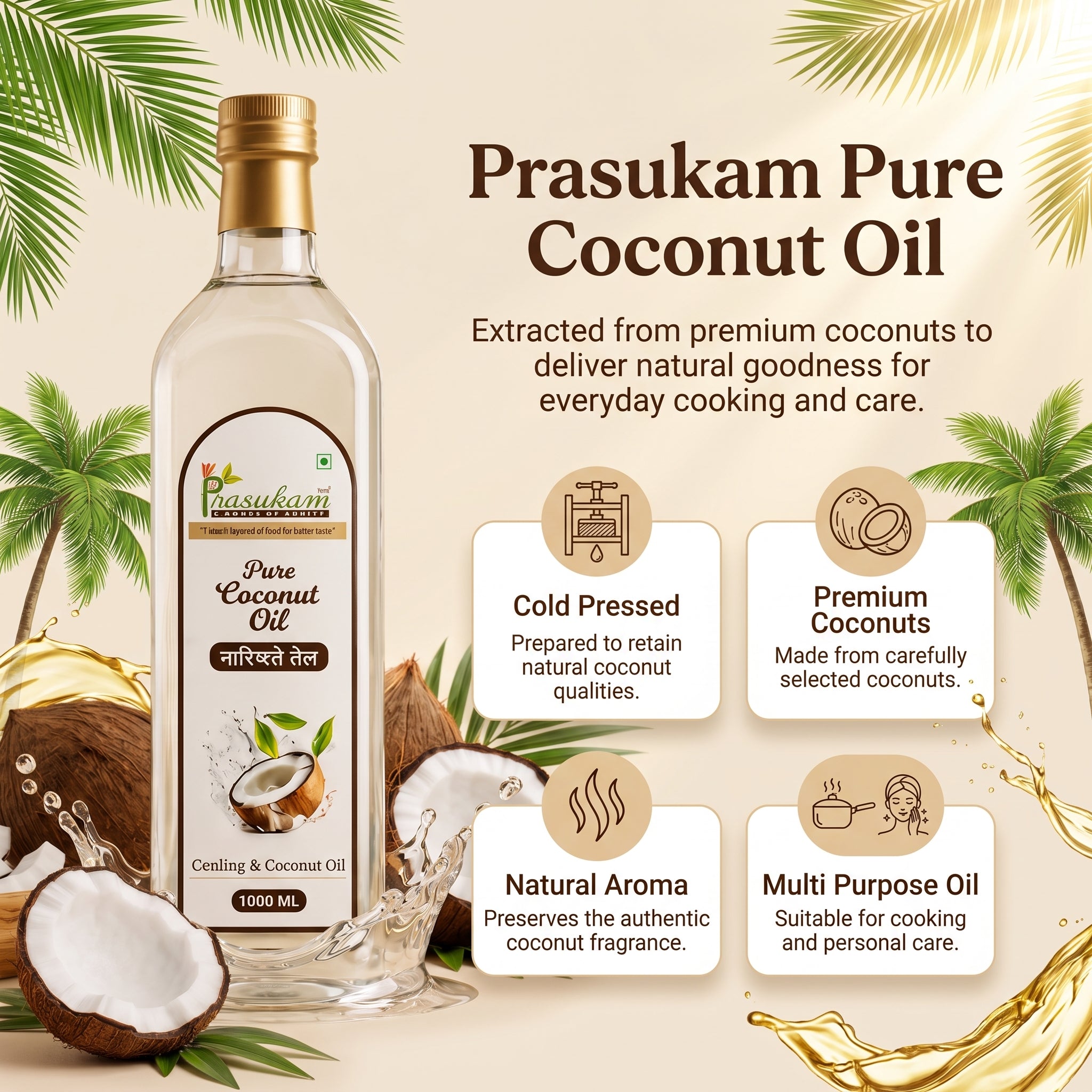 Prasukam Pure Coconut Oil 1 LTR (Cold Pressed+Single Pressed) 1 LTR