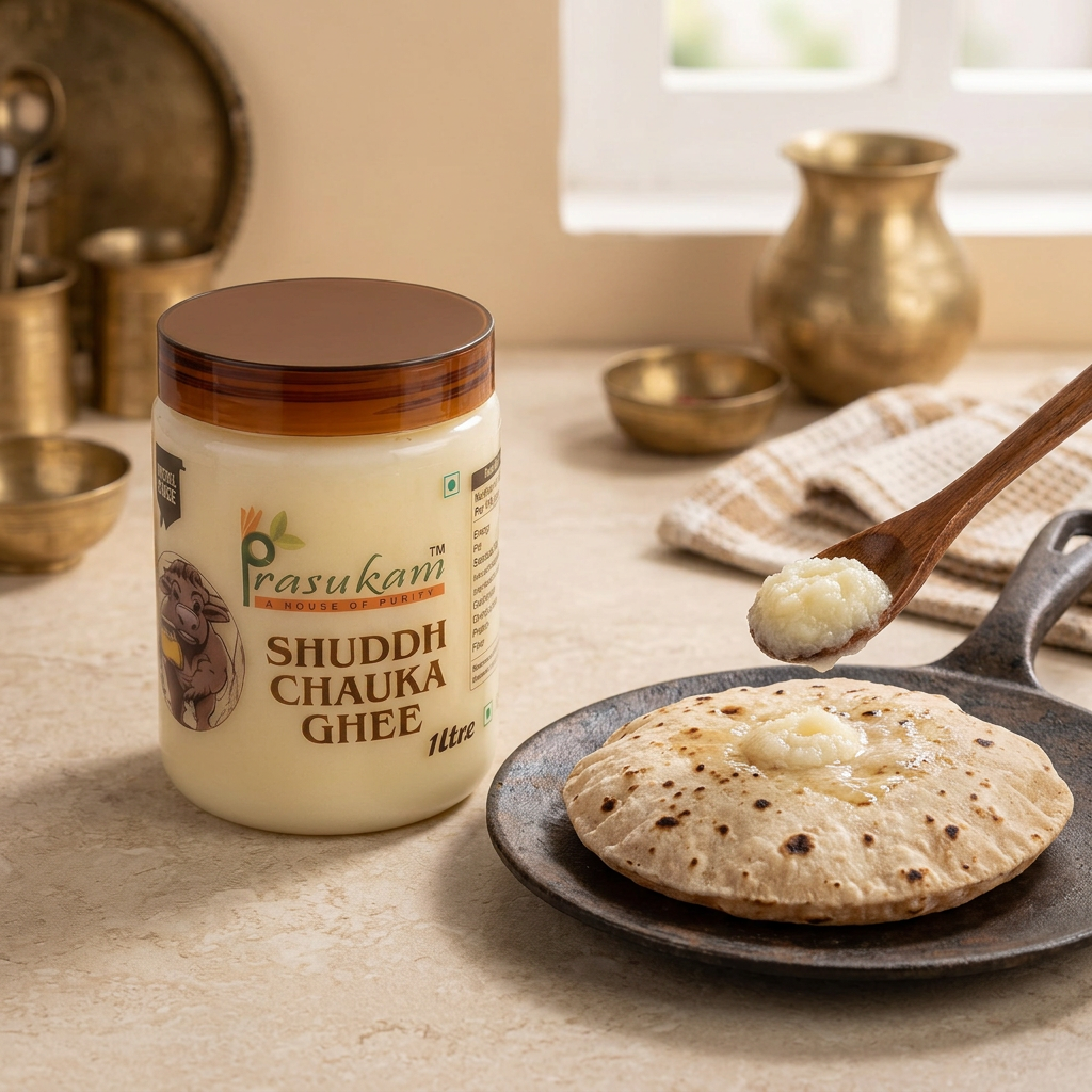 Shuddh Chauka Ghee jar beside roti with pale ghee